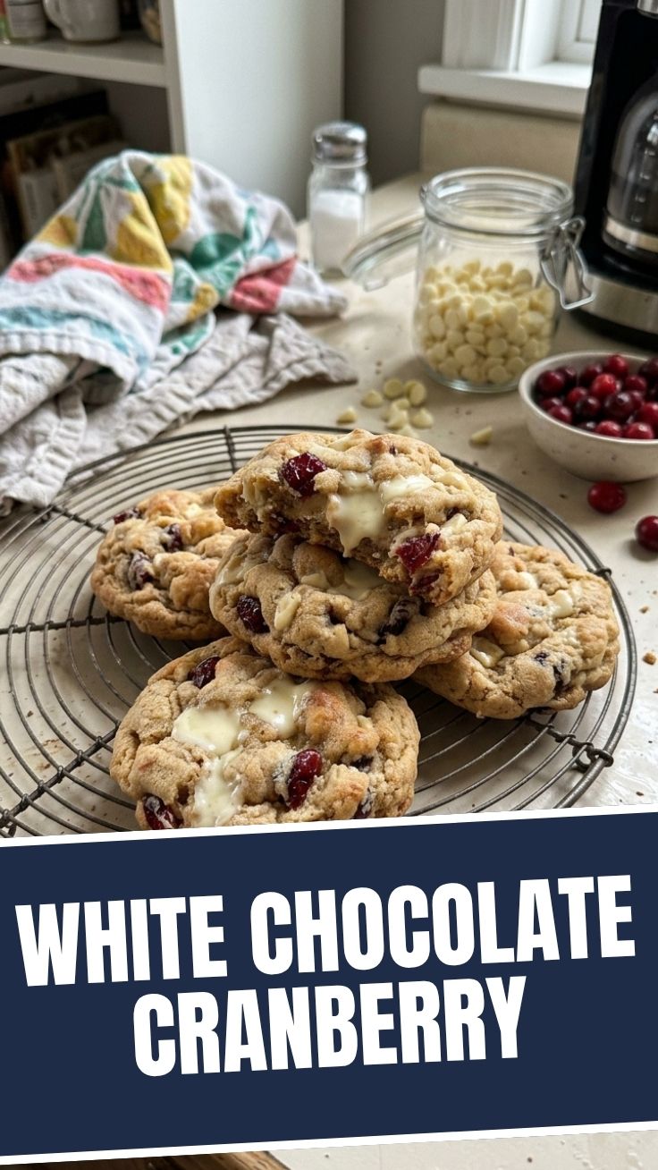 Freshly baked white chocolate cranberry cookies on a cooling rack.