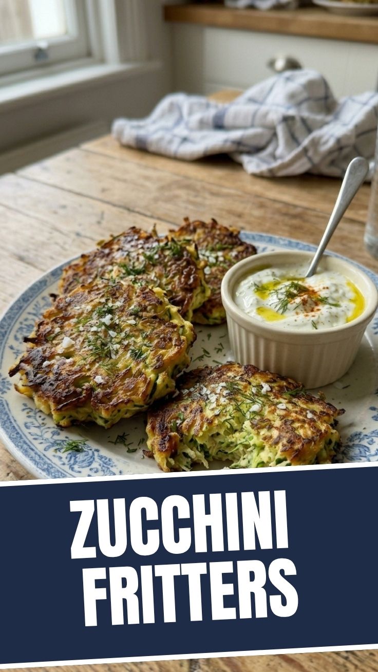Golden brown zucchini fritters piled high on a white plate