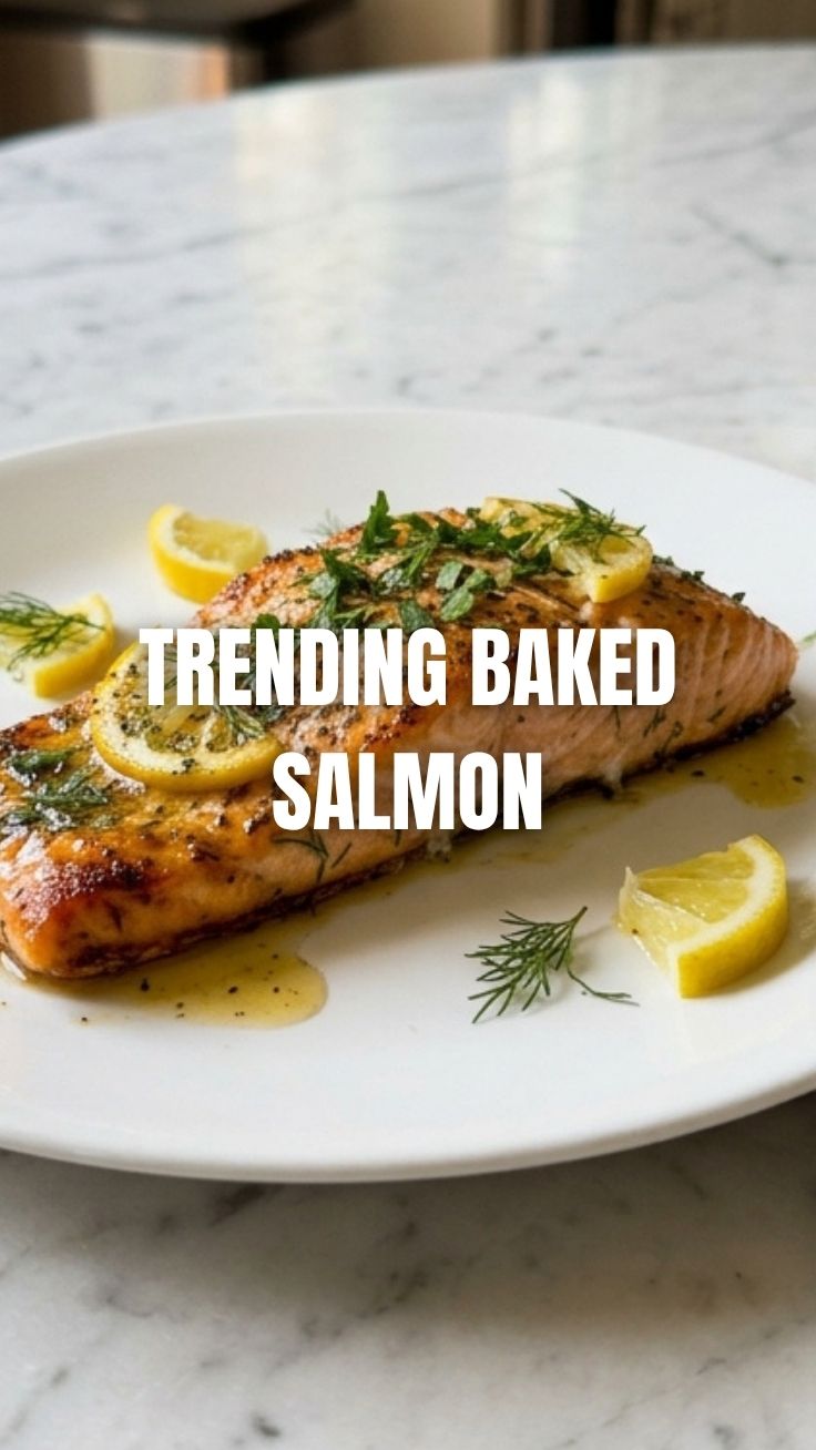 A perfectly baked salmon fillet with crispy skin