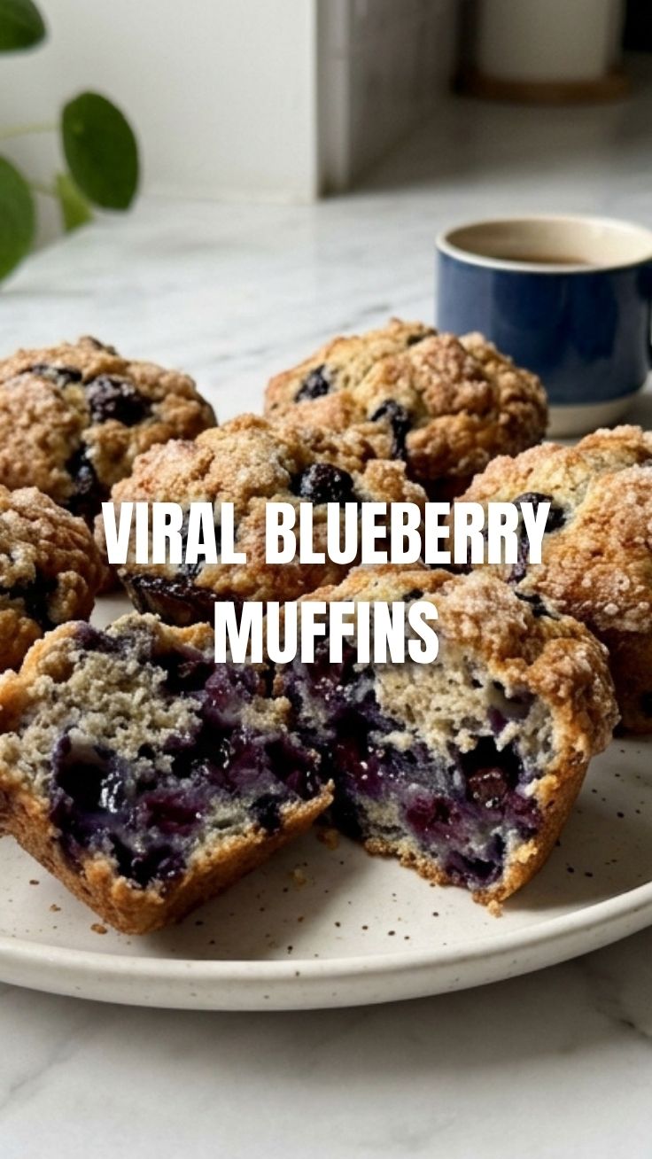 A freshly baked batch of golden-brown blueberry muffins, featuring plump blueberries.