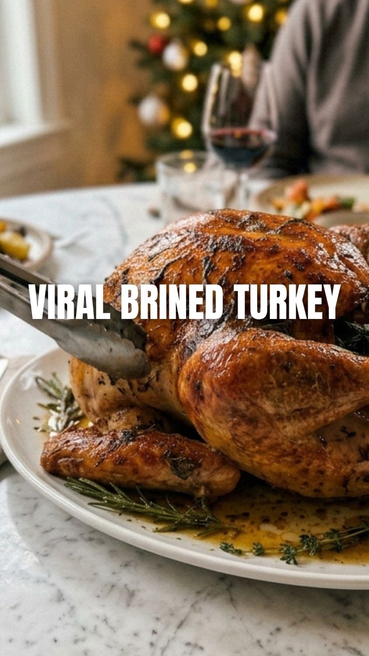 A perfectly cooked, golden-brown brined turkey, ready to be carved