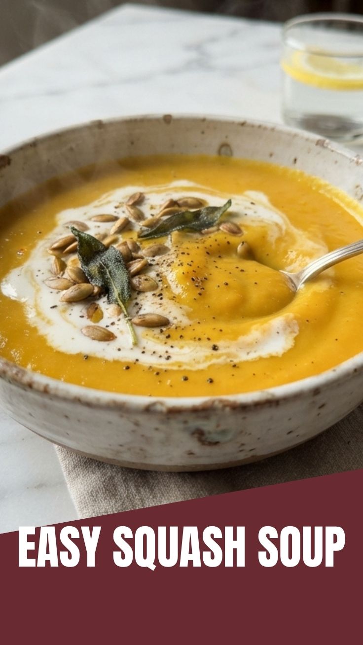A bowl of rich orange butternut squash soup, garnished minimally.