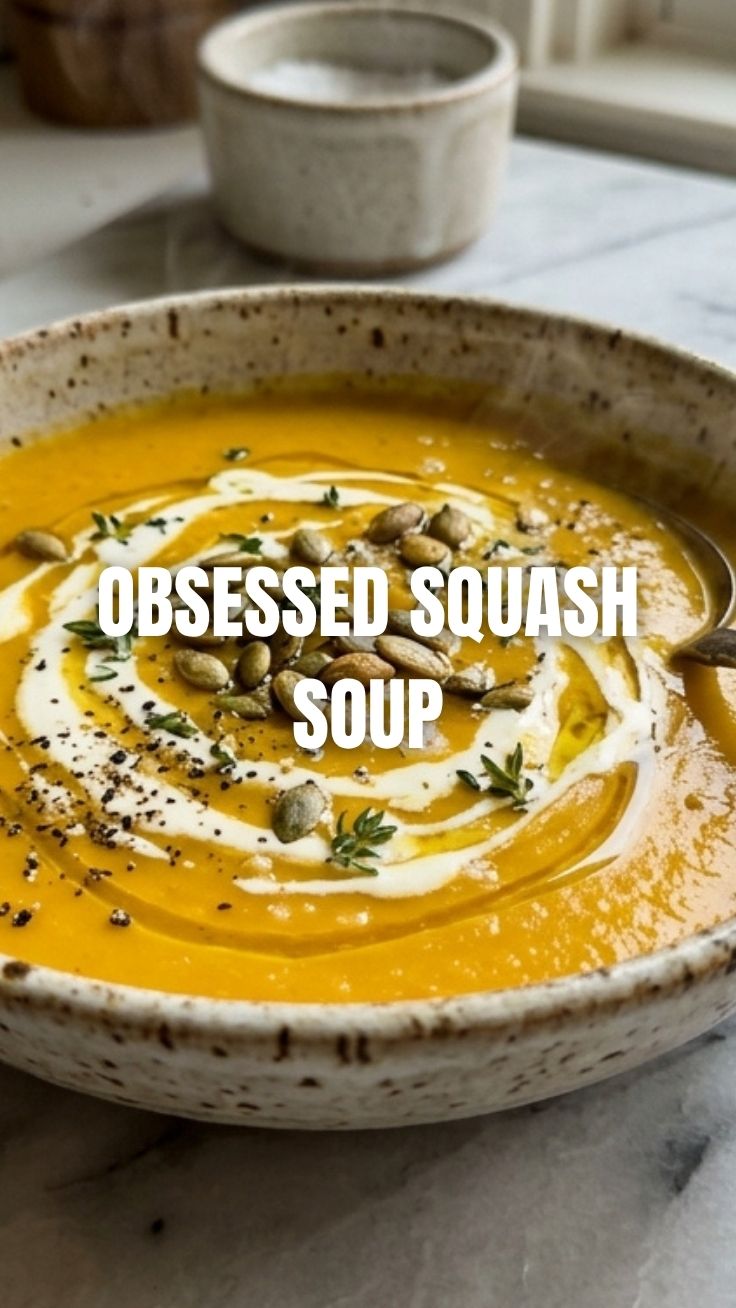 A steaming bowl of vibrant butternut squash soup, garnished with fresh herbs.