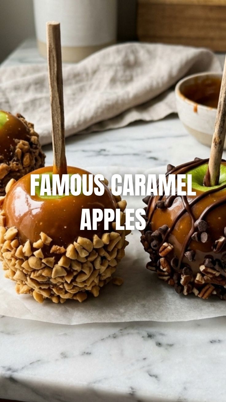Three shiny red caramel apples on sticks with a white background