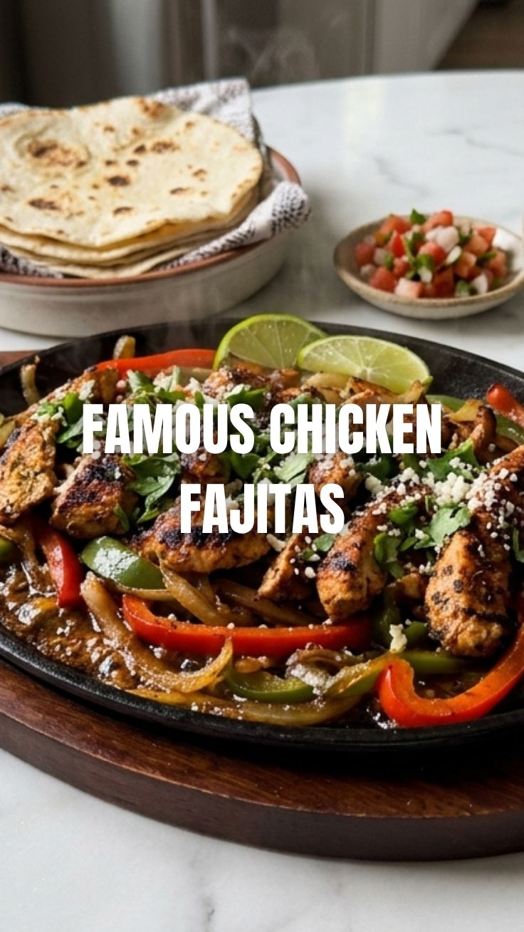 Sizzling chicken fajitas with colorful bell peppers and onions in a cast iron skillet