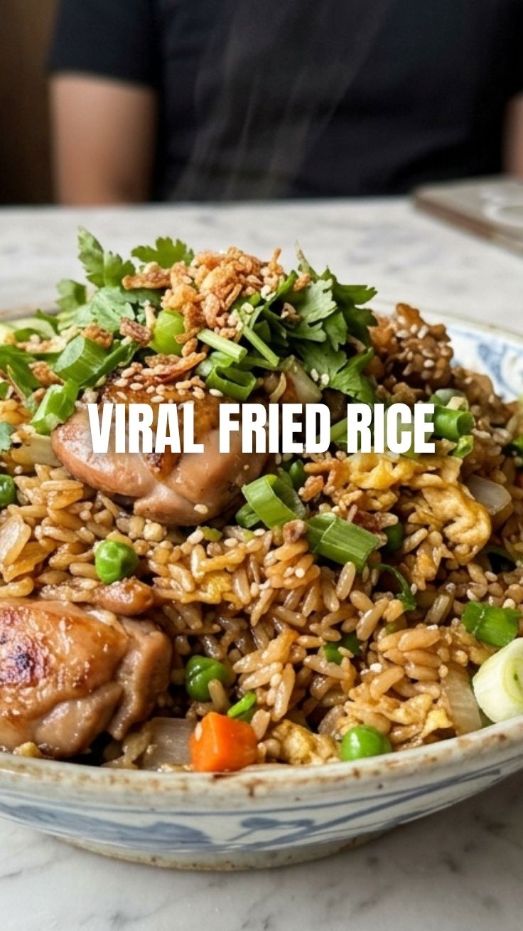 A steaming bowl of chicken fried rice with vegetables and chicken pieces.