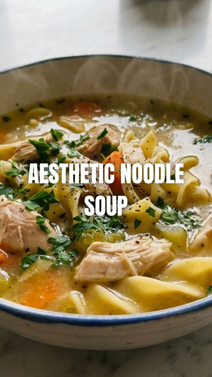 Steaming bowl of chicken noodle soup with fresh herbs