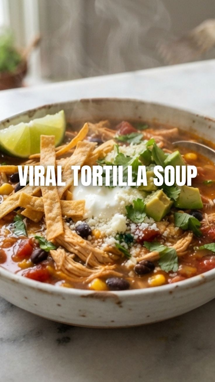 A steaming bowl of chicken tortilla soup garnished with avocado and cilantro.