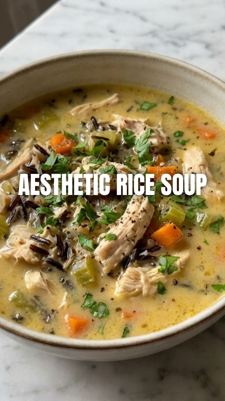 A steaming bowl of chicken wild rice soup garnished with fresh herbs