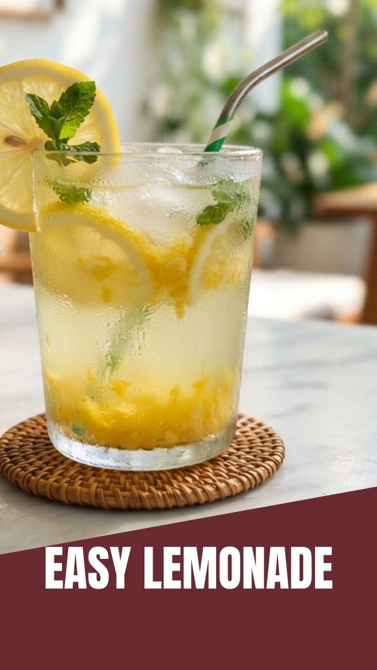 A tall glass of ice-cold lemonade with lemon slices.