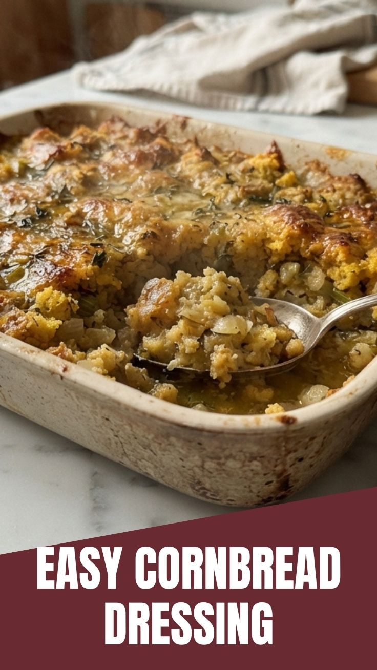 A golden, baked cornbread dressing in a casserole dish