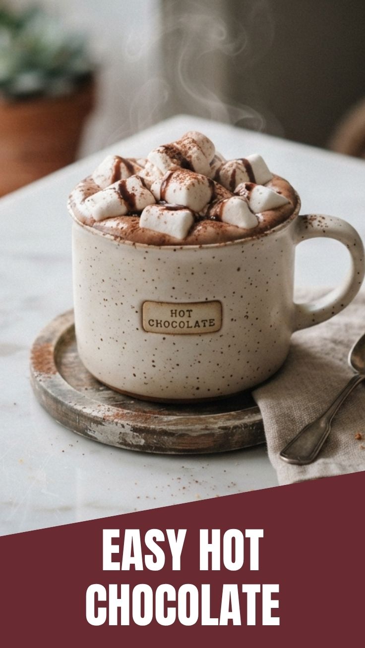 A steaming mug of hot chocolate topped with whipped cream and chocolate shavings