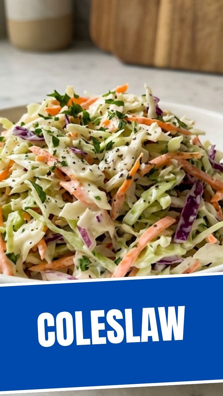 A bowl of fresh, creamy coleslaw with shredded cabbage and carrots