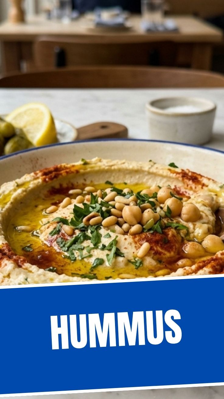 A smooth and creamy bowl of hummus, garnished with olive oil and paprika.