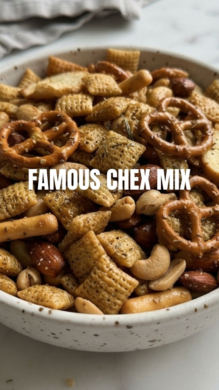 A close-up of a bowl filled with various crunchy Chex Mix snacks