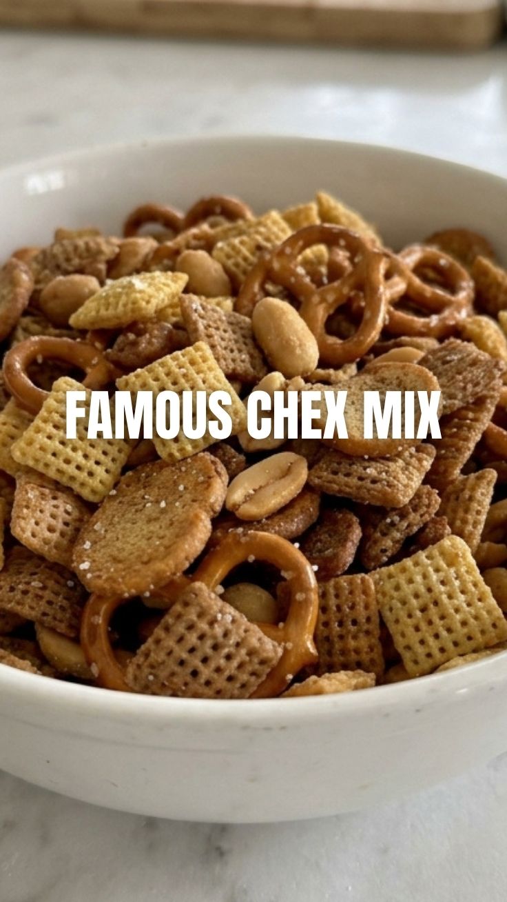 A close-up of a bowl filled with crunchy, savory Chex Mix, featuring various cereals and pretzels.
