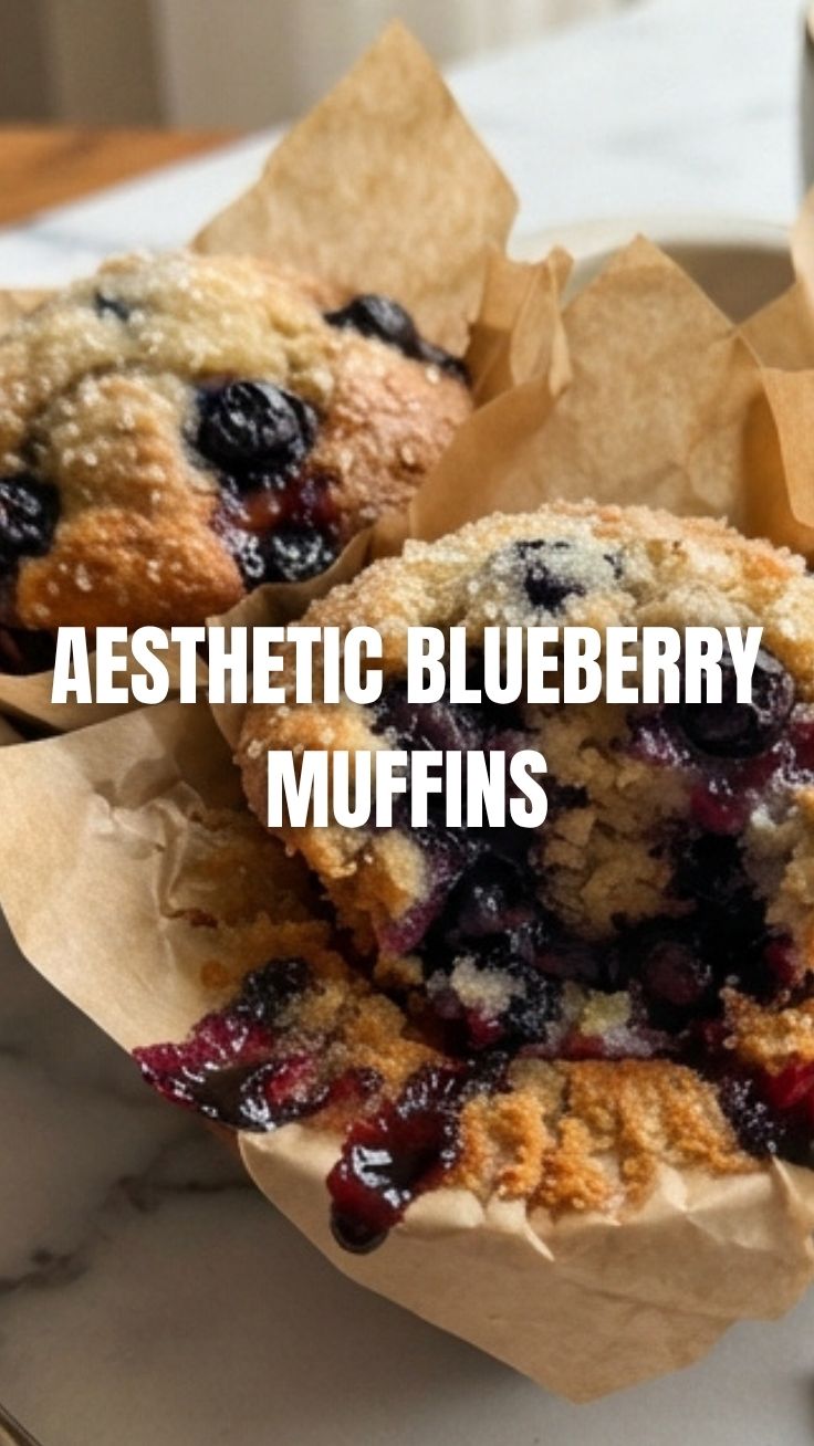 A close-up of several freshly baked blueberry muffins with golden tops, showcasing plump blueberries