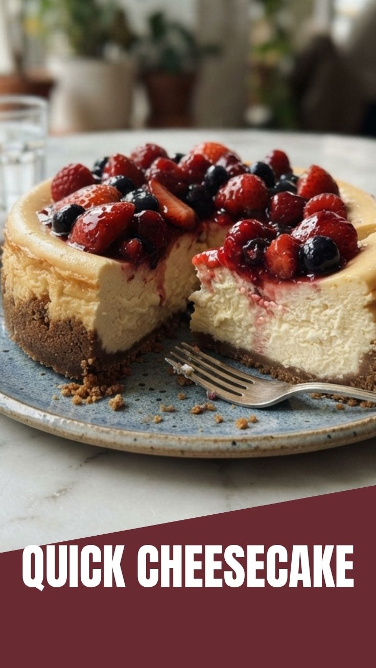 A full, creamy cheesecake with a golden crust on a white plate