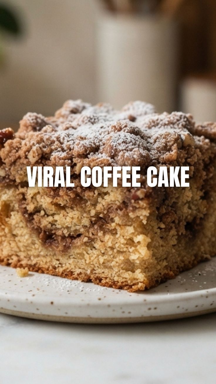 A freshly baked coffee cake with a crumble topping.