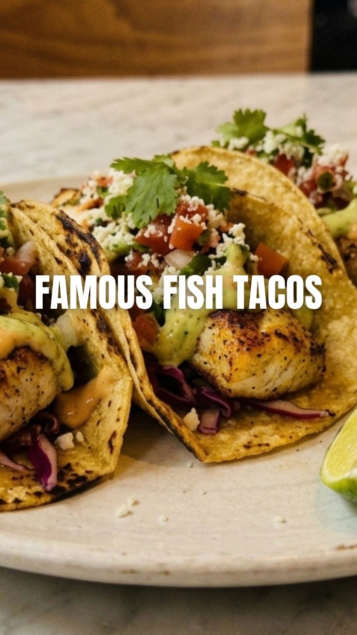 Three fish tacos with various toppings arranged on a platter, showcasing fresh ingredients
