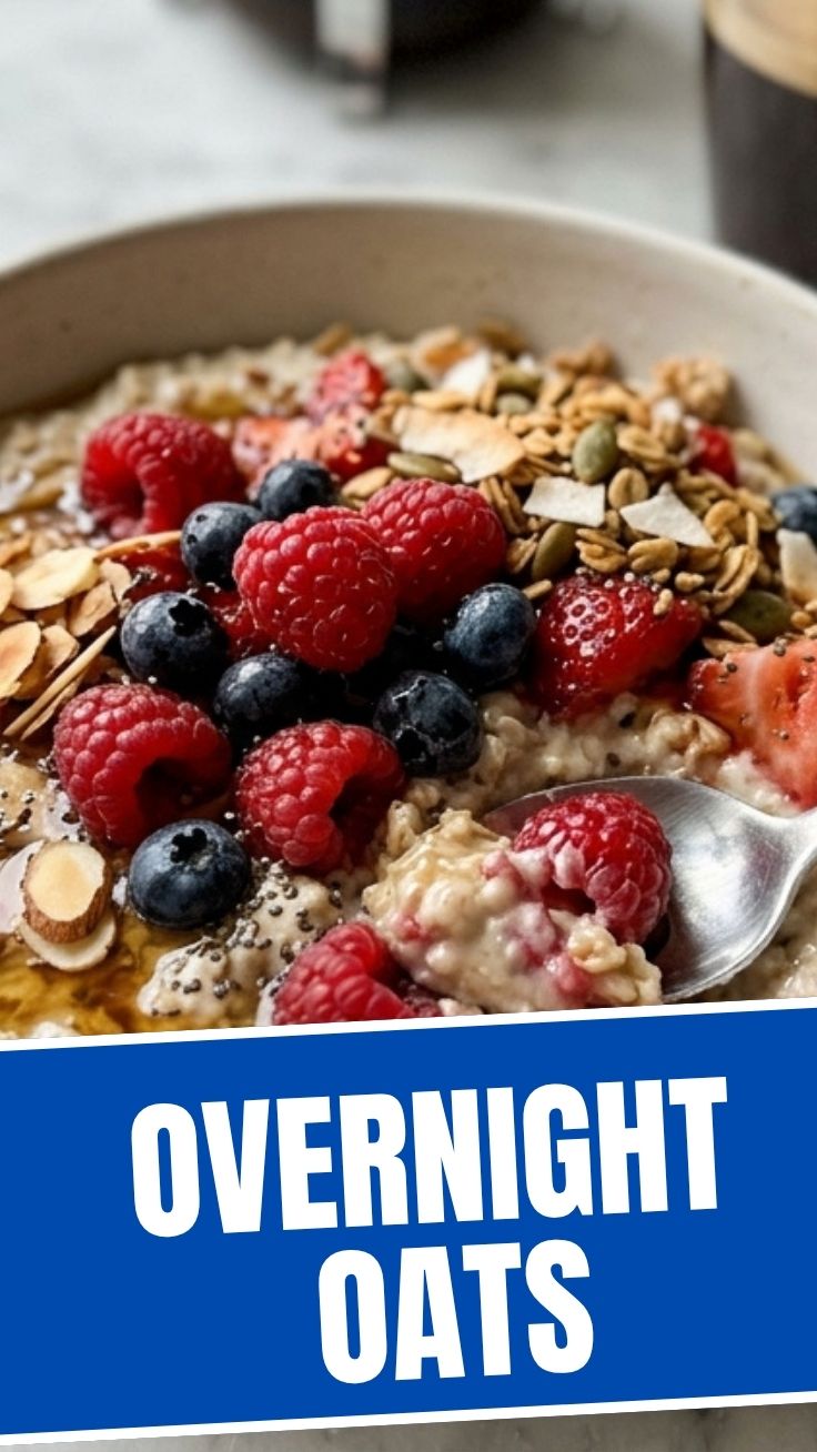 A glass jar filled with creamy overnight oats, topped with fresh berries and nuts.
