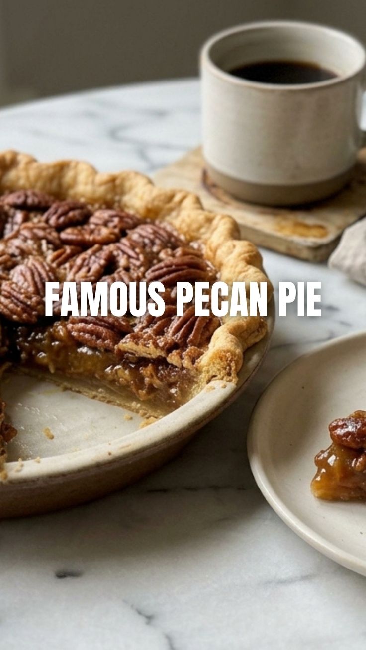 A close-up of a rich pecan pie with a flaky crust