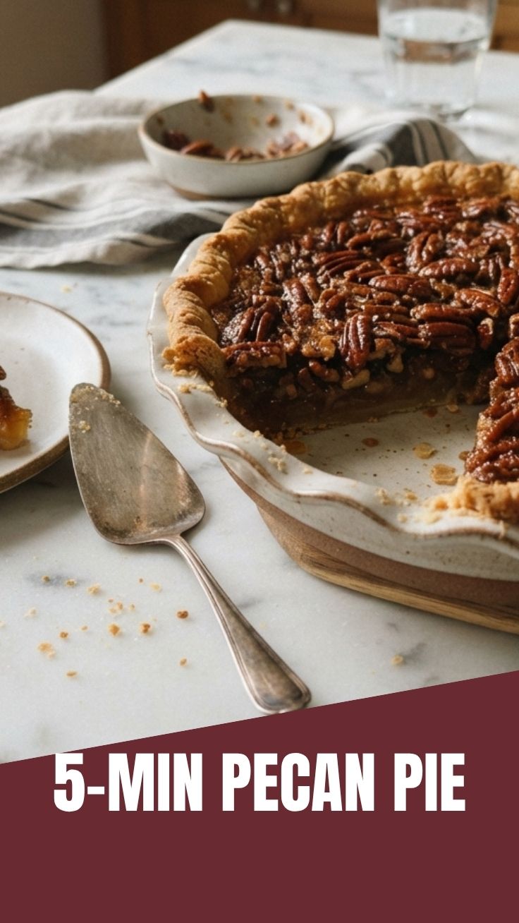 A freshly baked pecan pie with a golden-brown crust and a rich, nutty filling