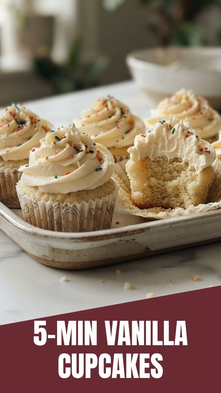 A freshly baked vanilla cupcake with white frosting