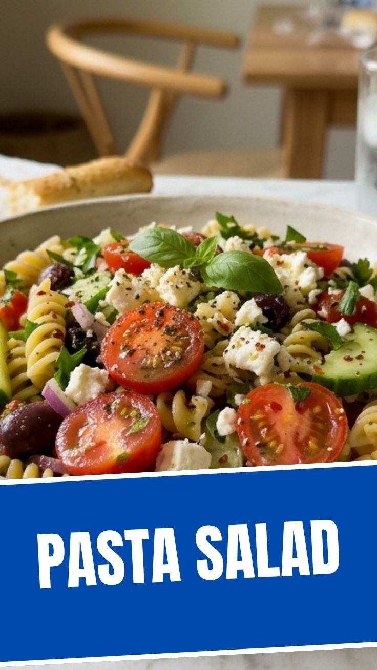 A vibrant bowl of colorful pasta salad with fresh vegetables and dressing