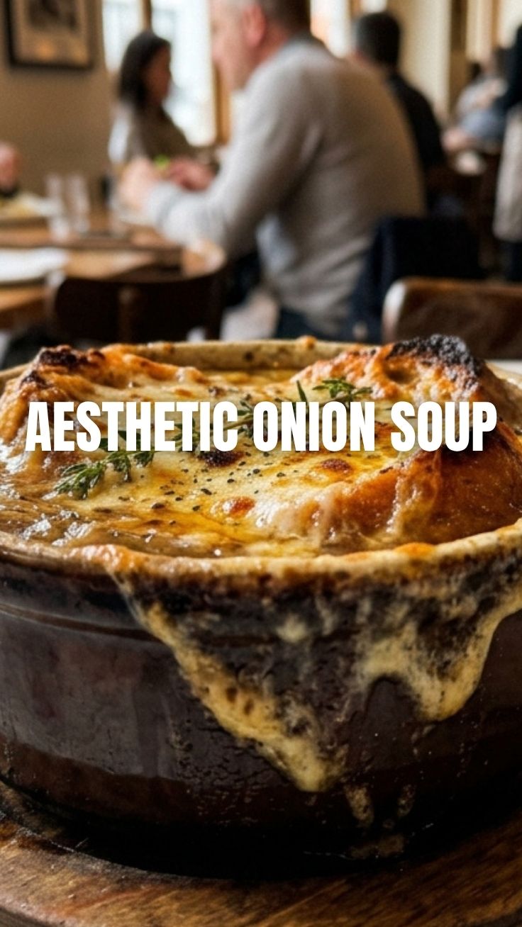 A steaming bowl of classic French Onion Soup with melted cheese on top