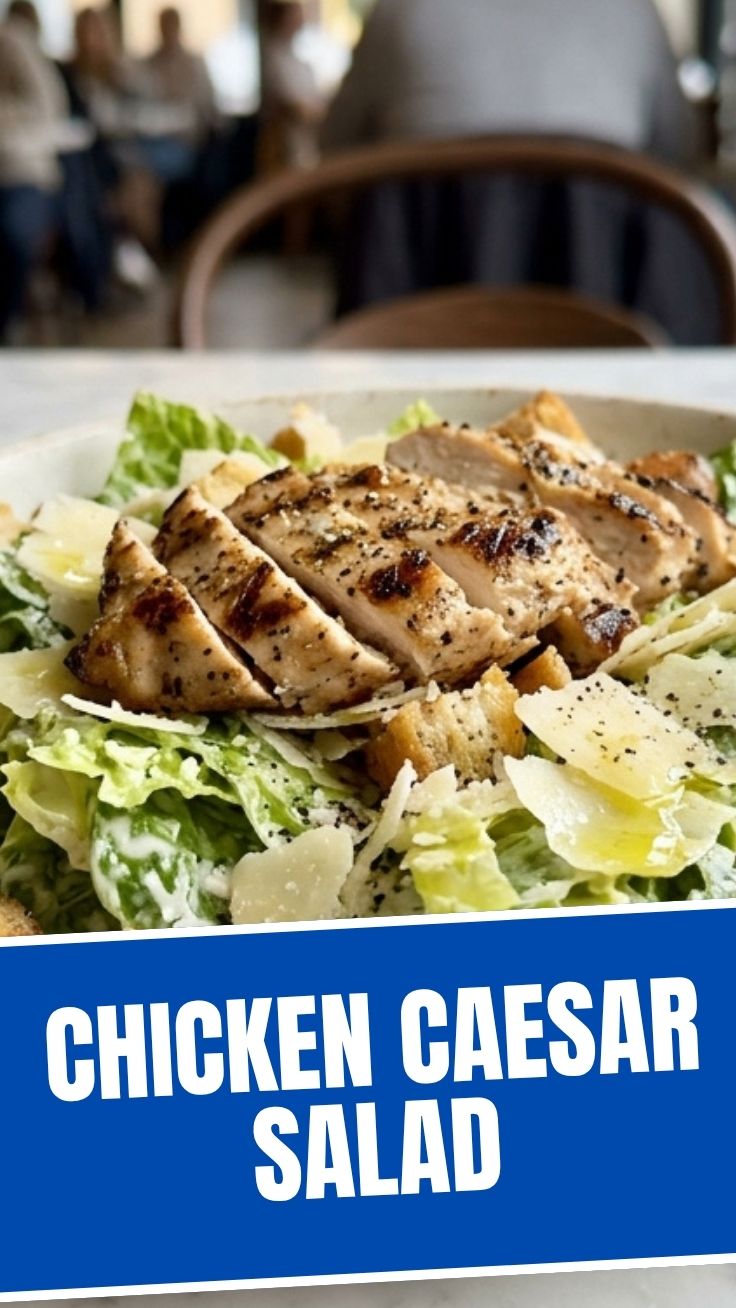 A vibrant chicken Caesar salad with crisp romaine lettuce and grilled chicken