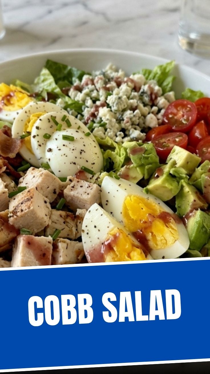 A vibrant, fresh Cobb Salad with all its classic ingredients arranged neatly.
