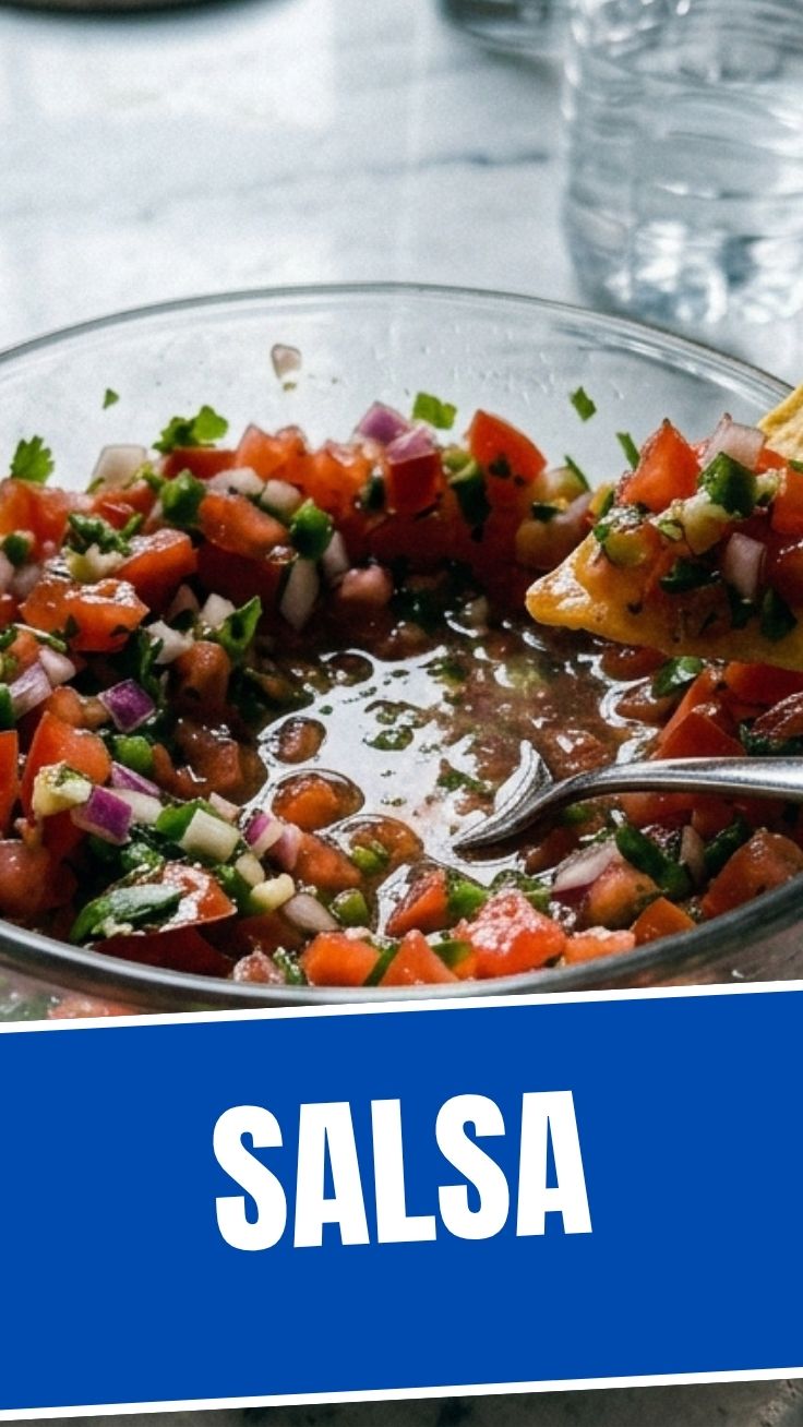 A bowl of fresh salsa with vibrant red tomatoes and green herbs.