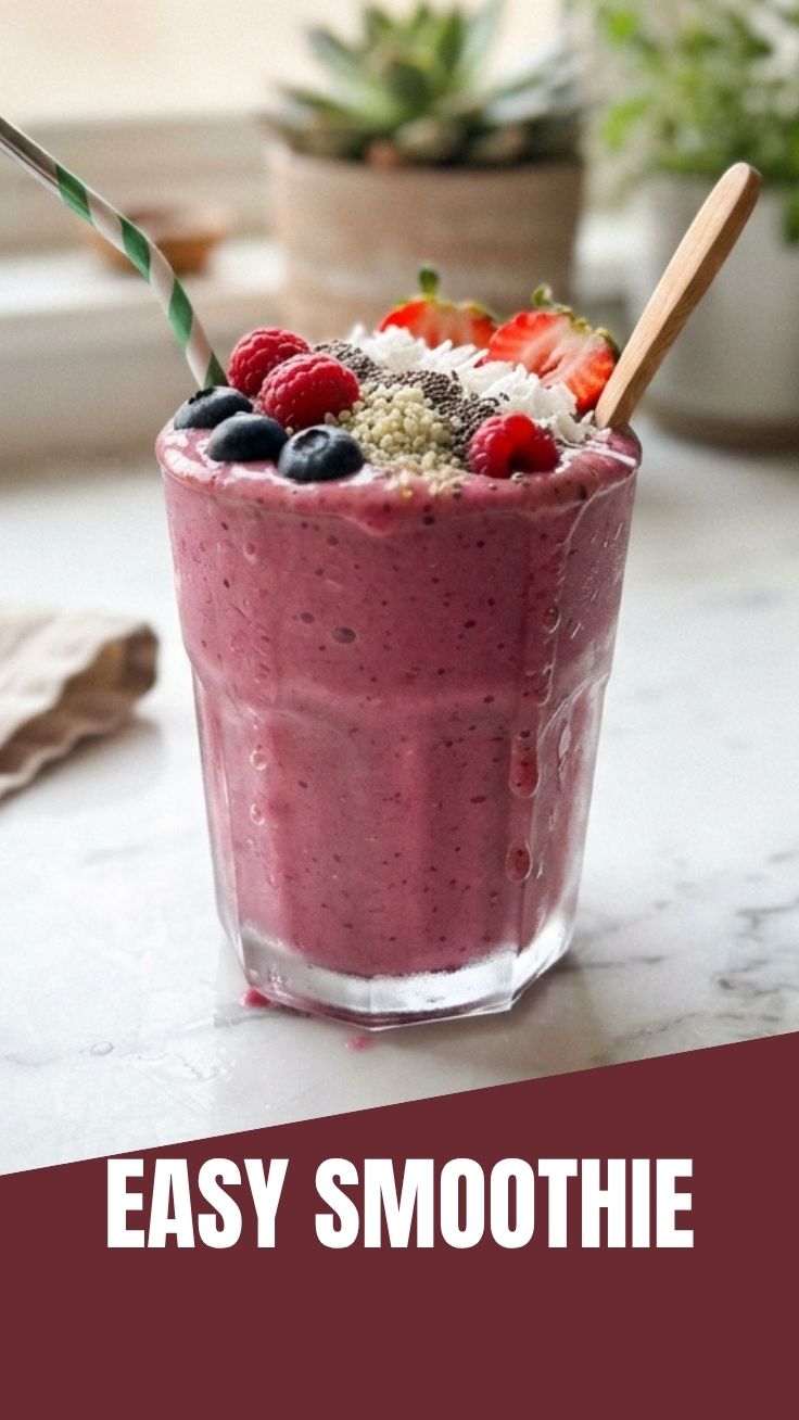A colorful, freshly blended smoothie in a glass with a straw