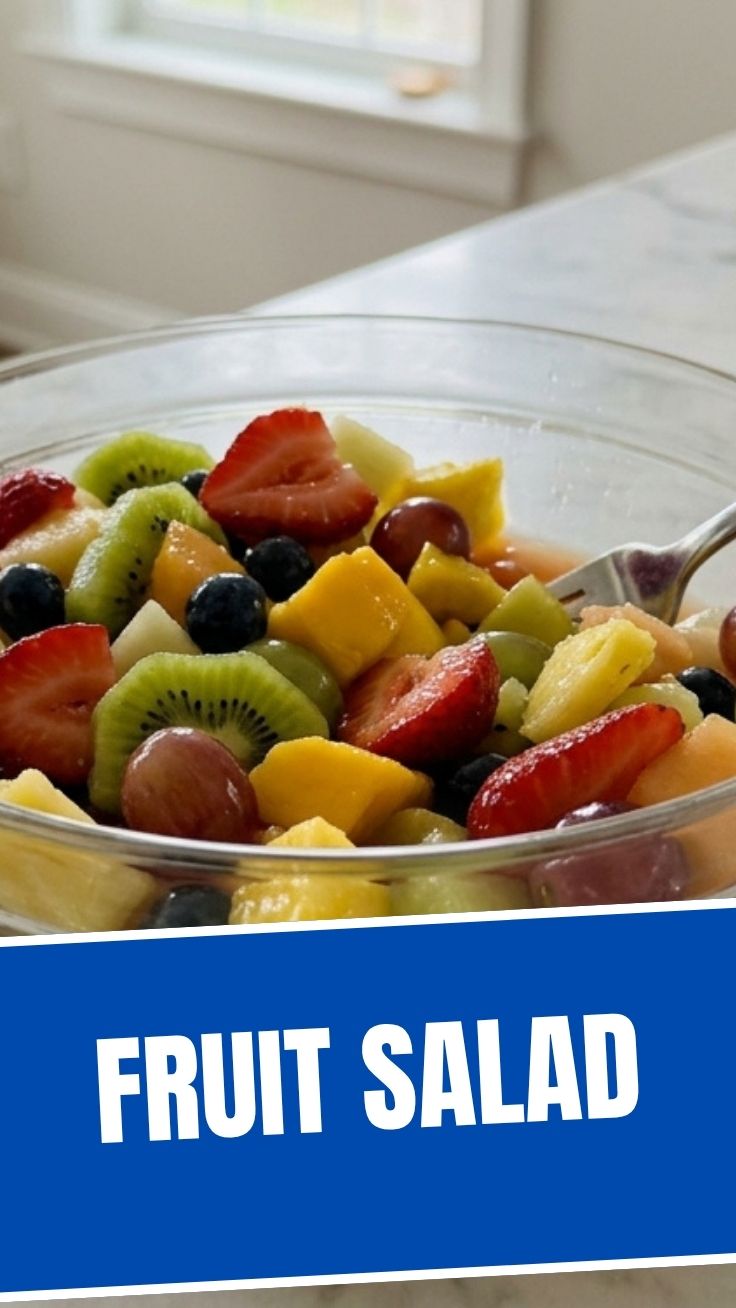 A vibrant fruit salad featuring various fresh fruits in a clear bowl