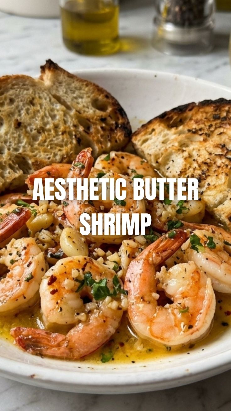 A serving of delicious garlic butter shrimp with herbs.