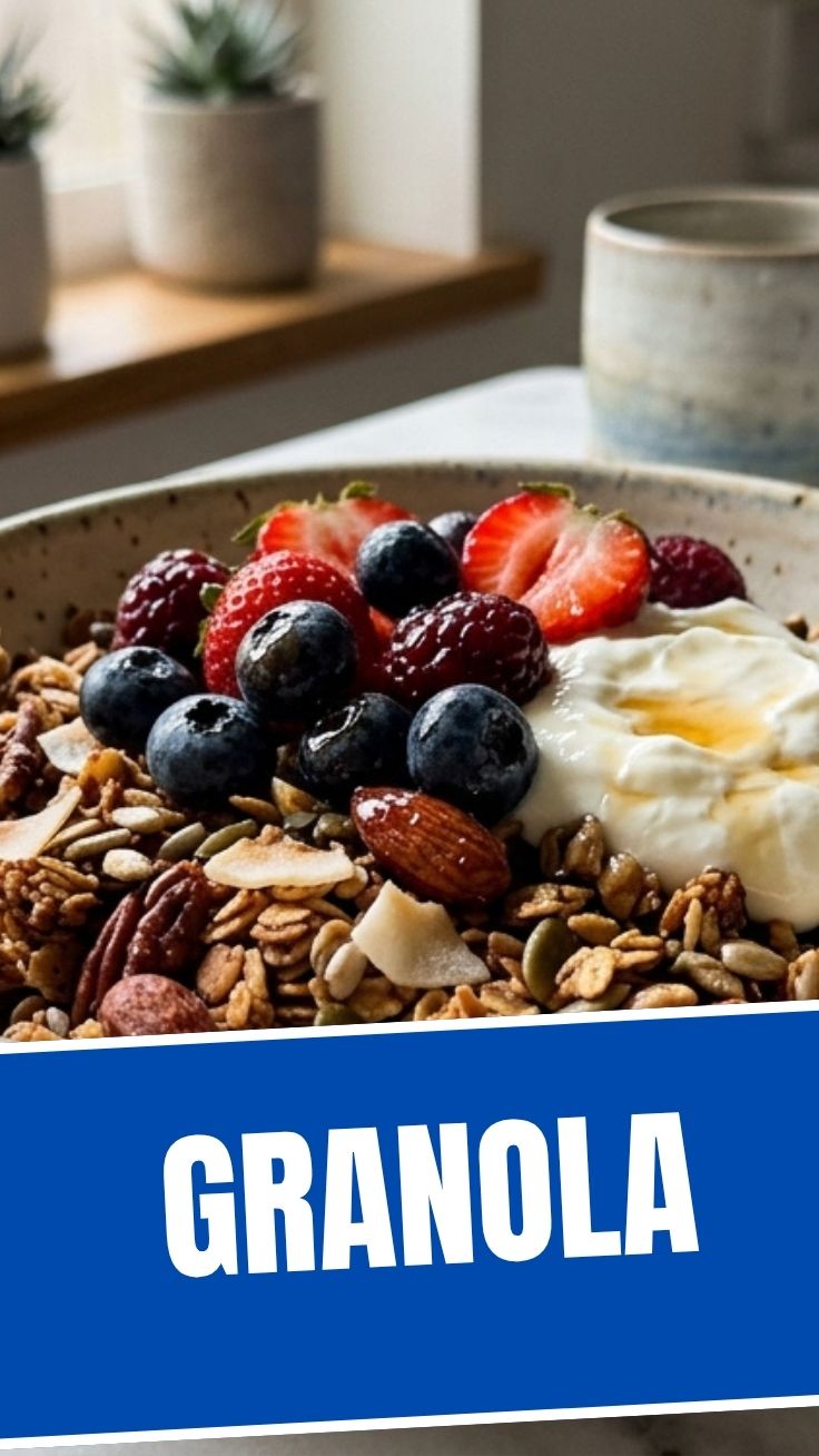 A vibrant bowl of granola with fresh berries and yogurt
