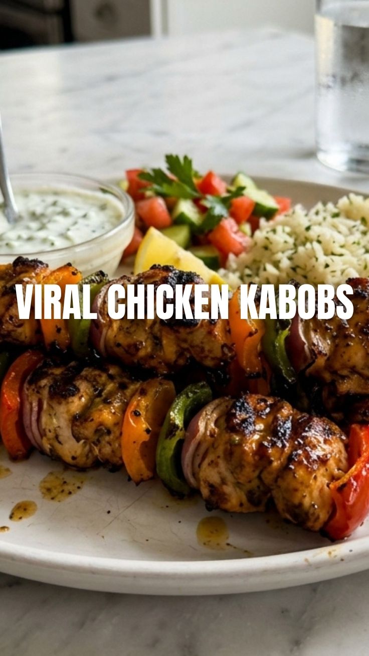 Marinated chicken kabobs sizzling on a hot grill.