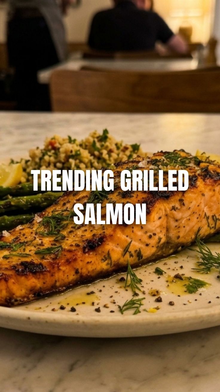 A perfectly grilled salmon fillet with diamond grill marks