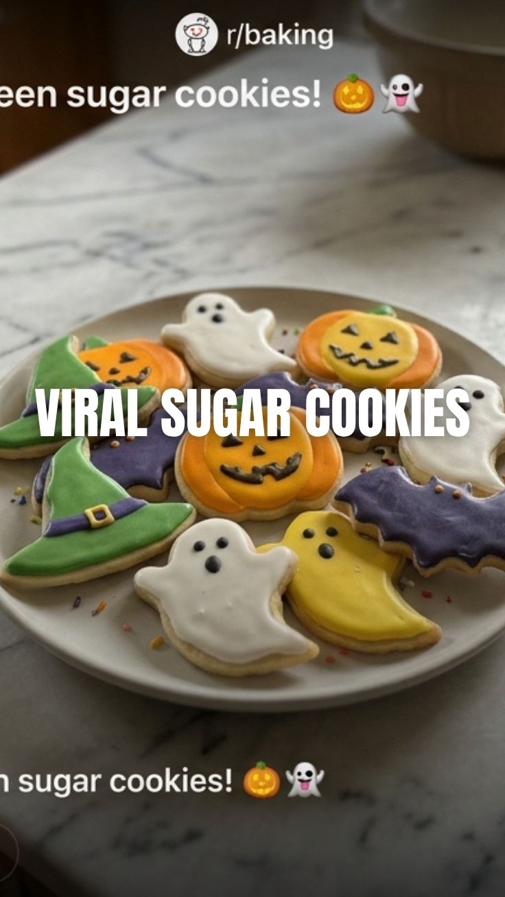 Halloween sugar cookies with orange, black, and white icing in various spooky shapes.