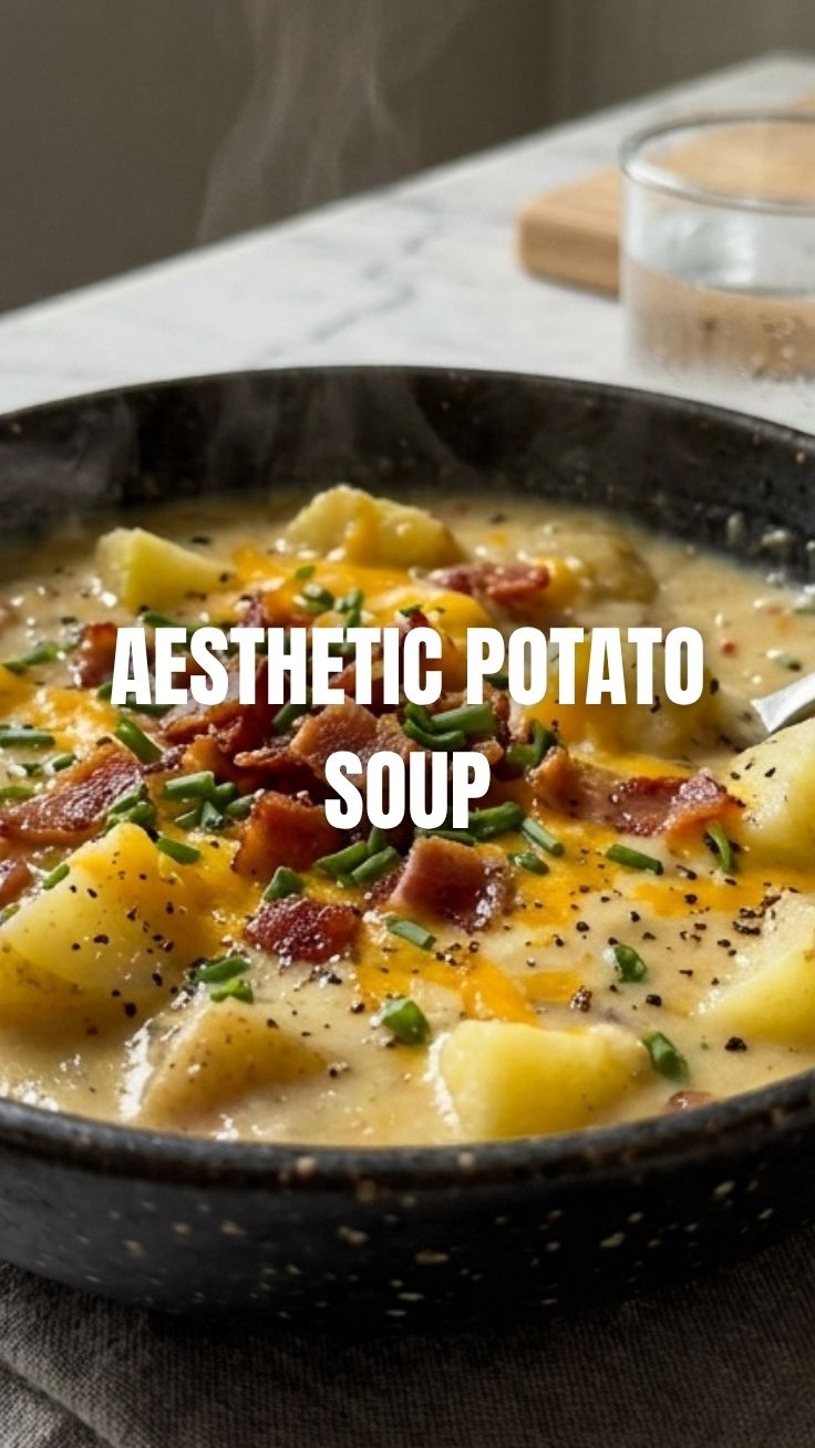 A steaming bowl of hearty potato soup, garnished with fresh herbs.