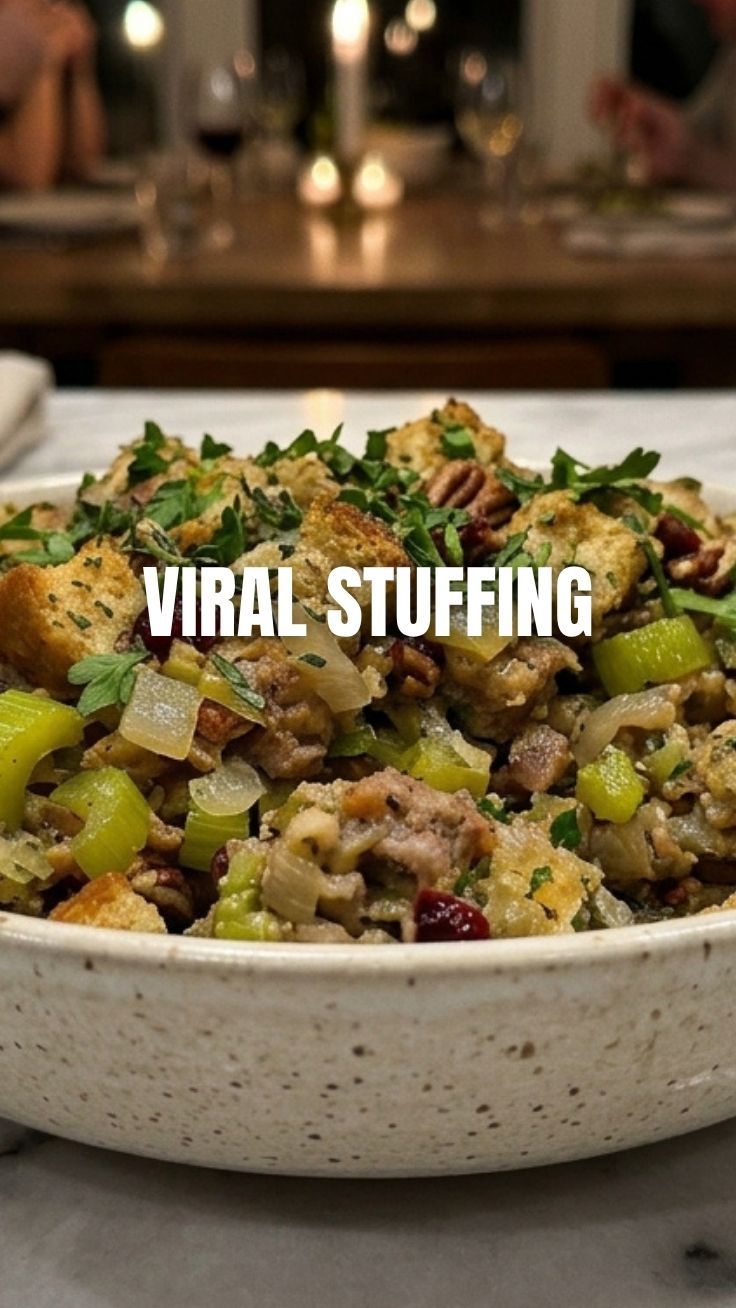A baking dish filled with golden-brown, savory stuffing, garnished with fresh herbs.