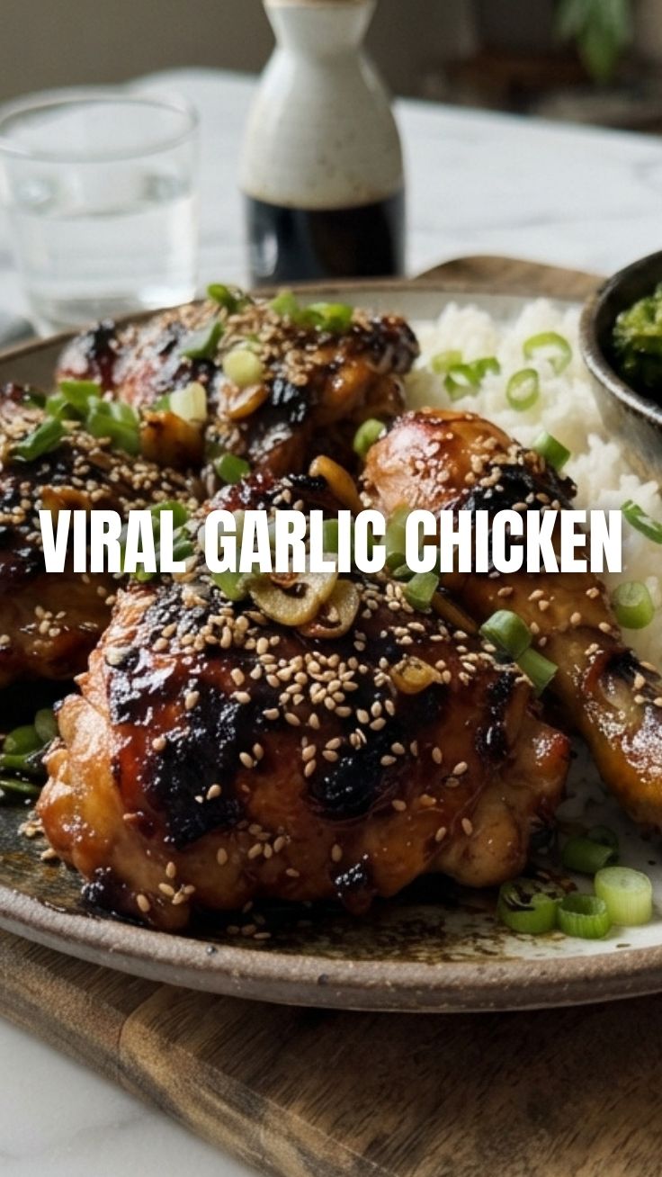 Honey garlic chicken dish, glistening with sauce and garnished.