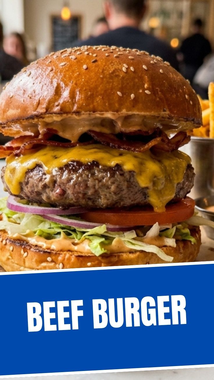 A freshly grilled beef burger with melted cheese and fresh vegetables