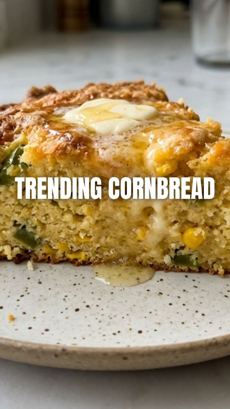 A freshly baked, golden-brown cornbread loaf on a cooling rack.