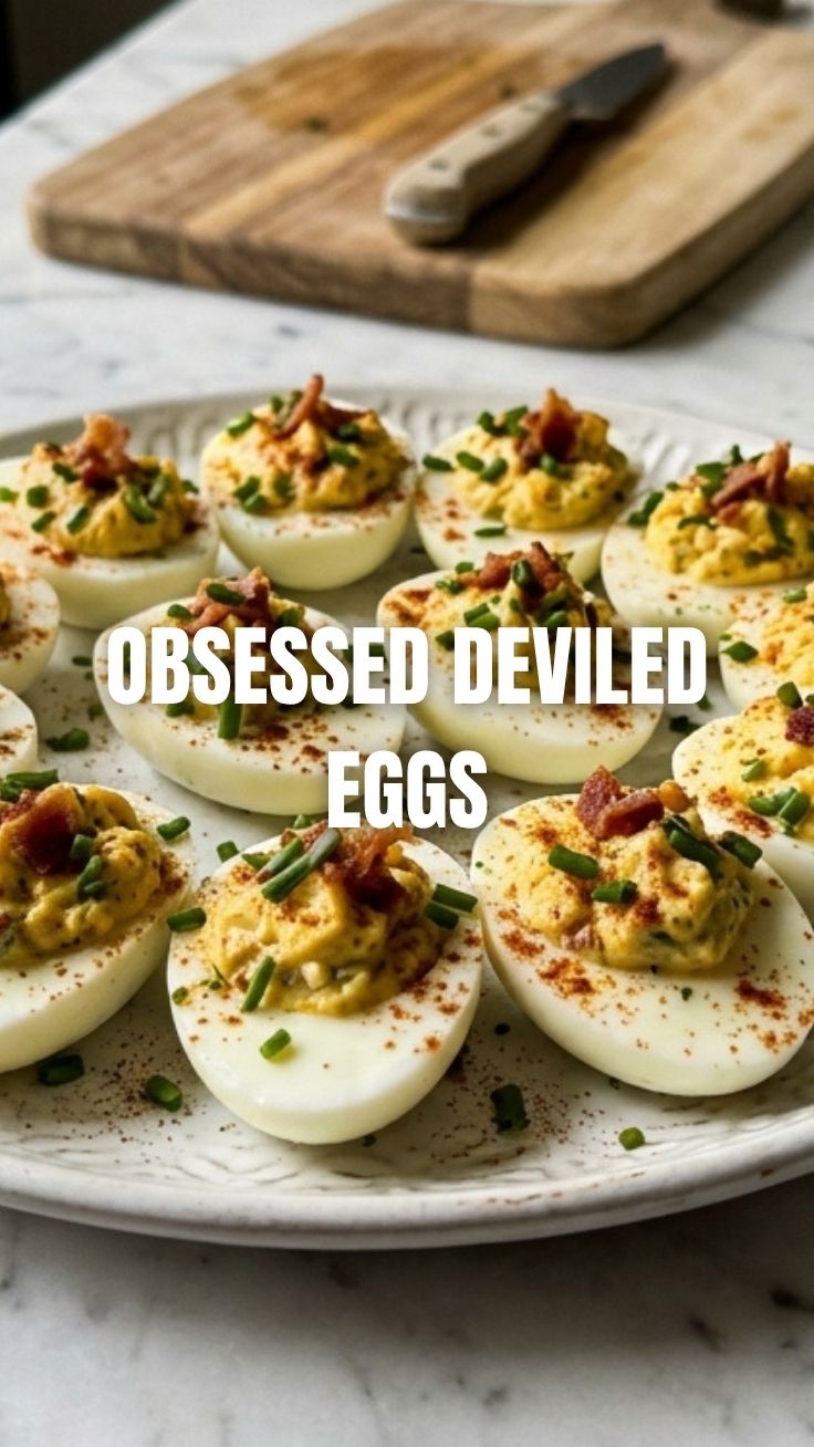 A platter of creamy deviled eggs garnished with paprika and chives.