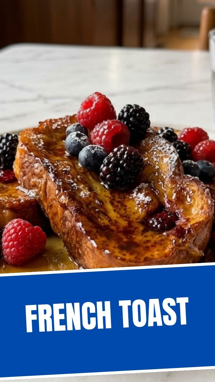 Perfectly golden French toast stacked on a plate with syrup.
