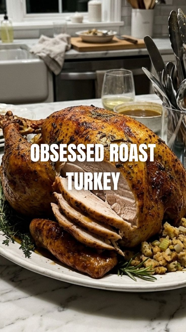 A perfectly roasted turkey, golden brown and glistening, ready for carving.