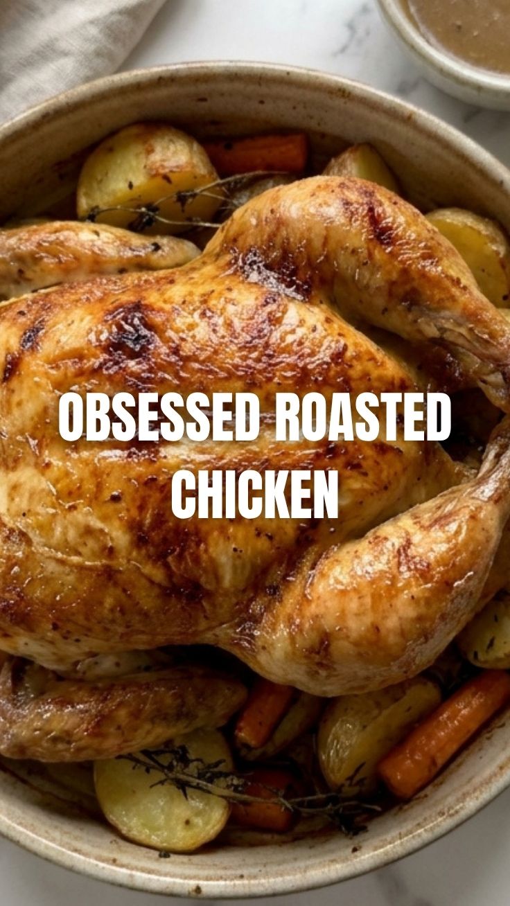 A whole roasted chicken, golden brown and perfectly cooked, resting on a serving platter.