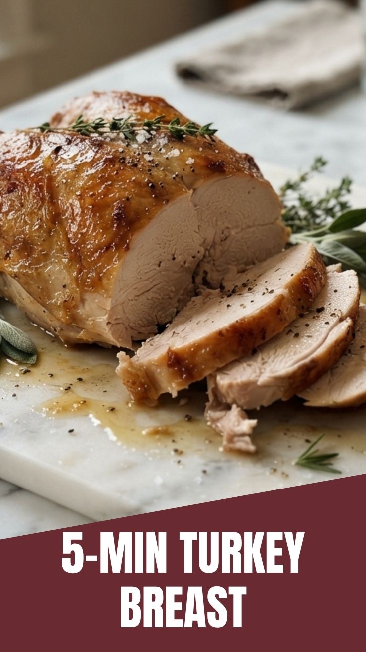 A perfectly roasted turkey breast, golden brown and carved.